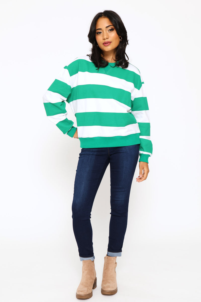 Long Sleeve Stripe Pullover - White/Green