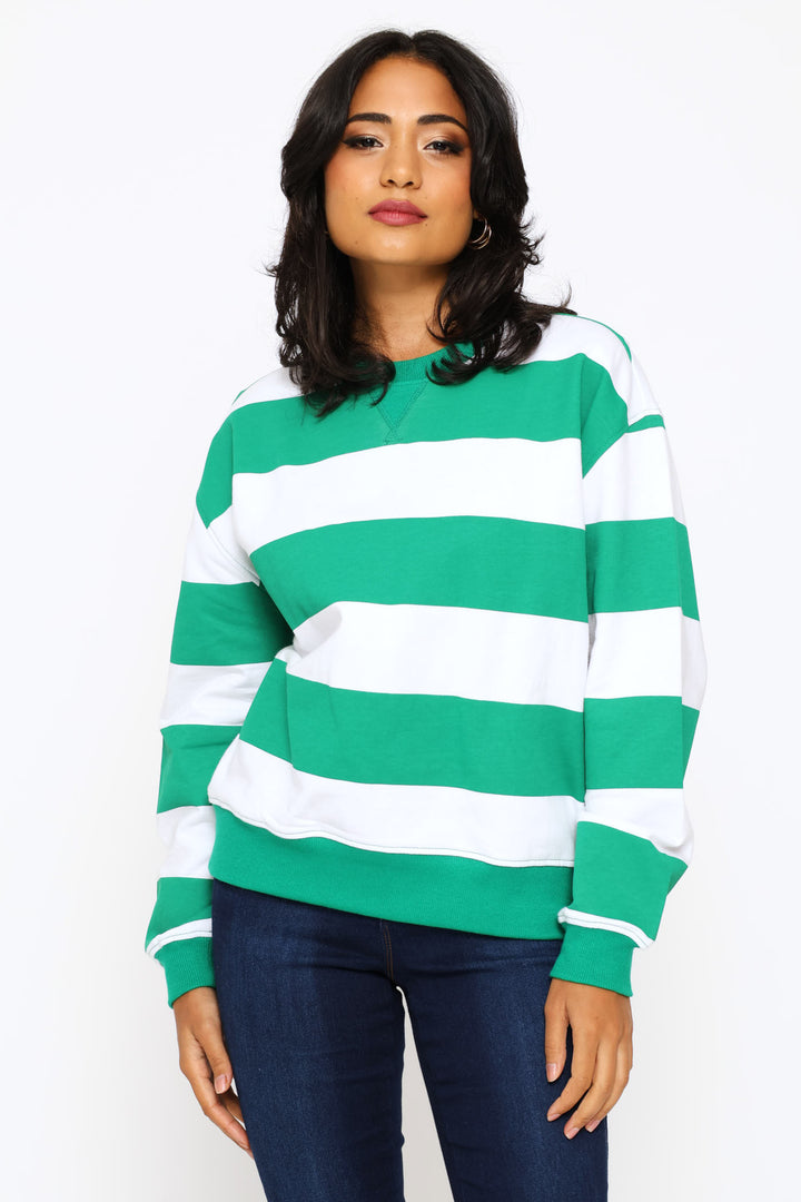 Long Sleeve Stripe Pullover - White/Green