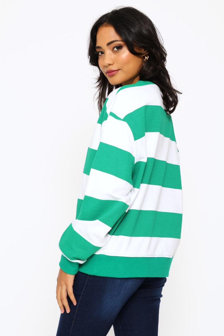 Long Sleeve Stripe Pullover - White/Green