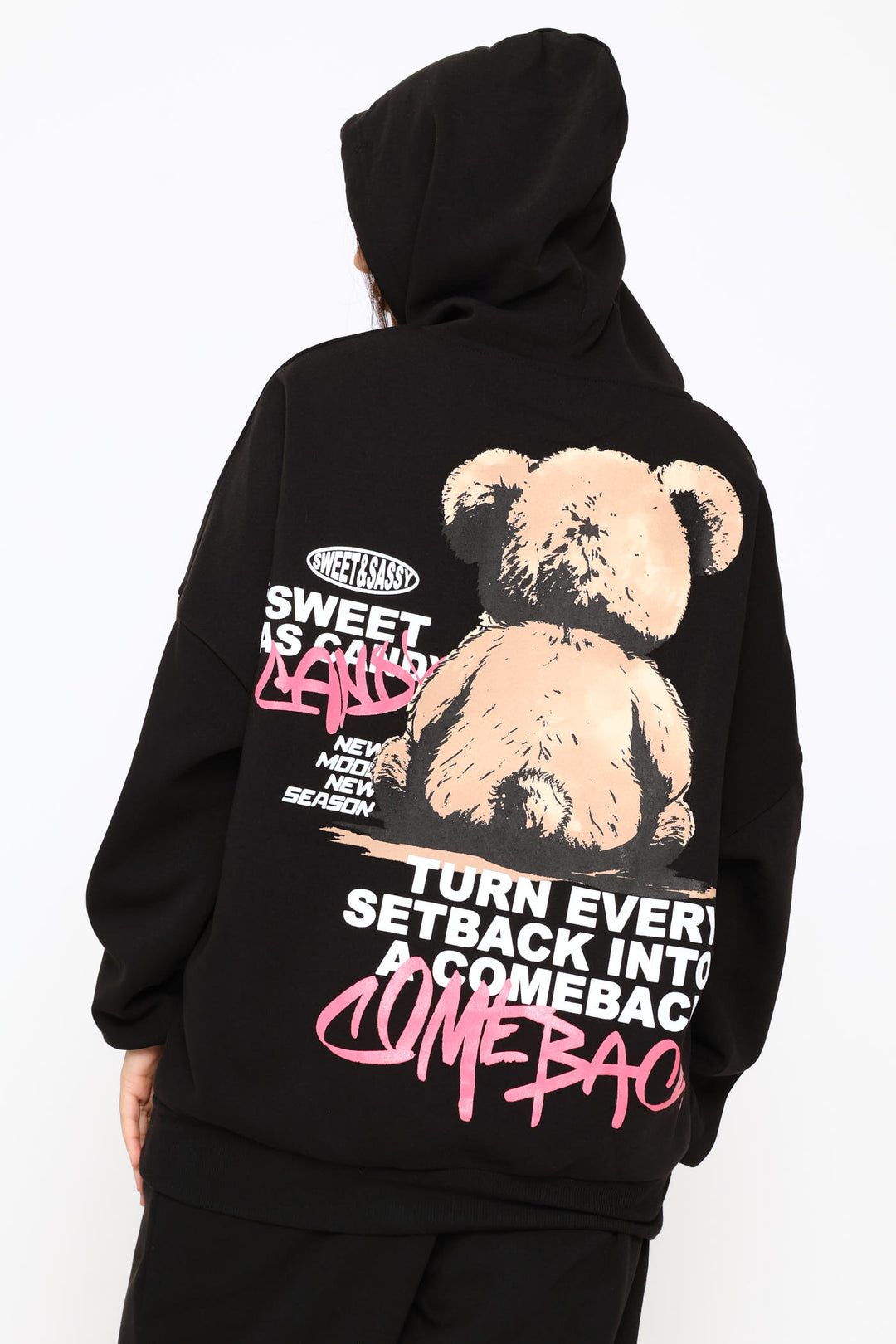 Teddy Oversized Printed Fleece Hoody - Black