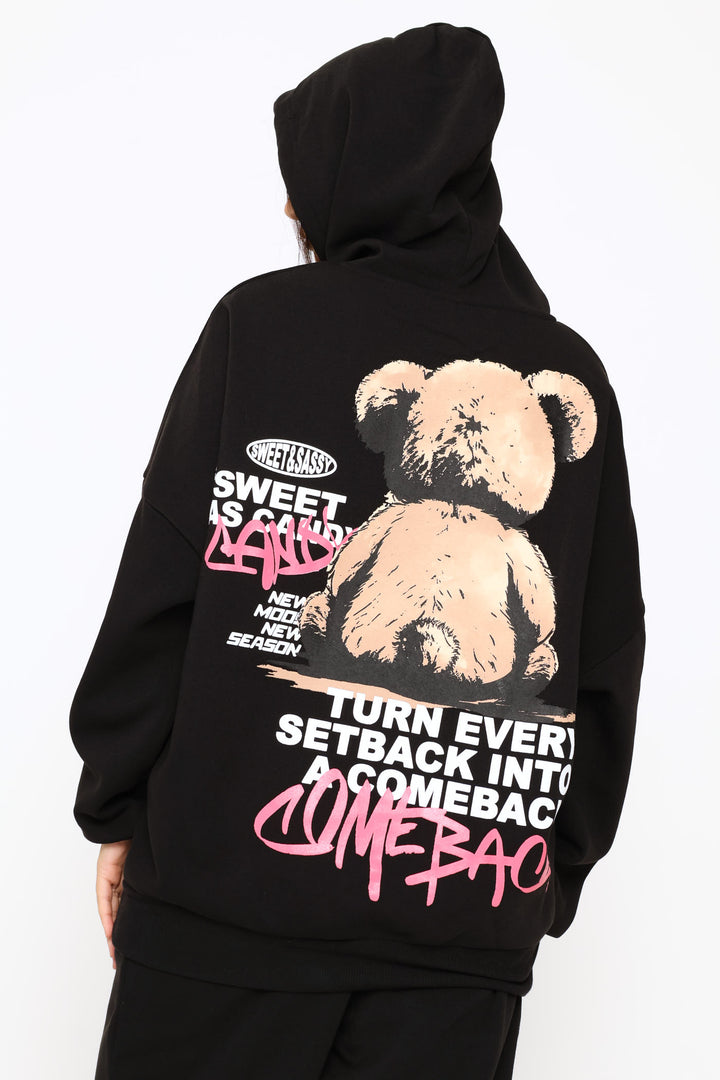 Teddy Oversized Printed Fleece Hoody - Black