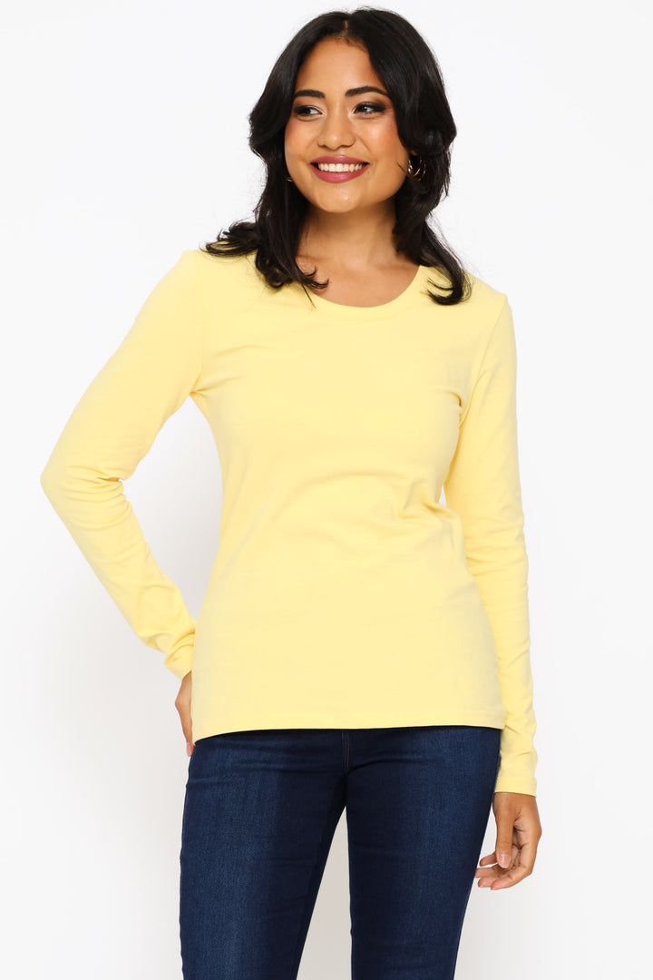 Long Sleeve Cotton Lycra Crew Tee - Light Yellow