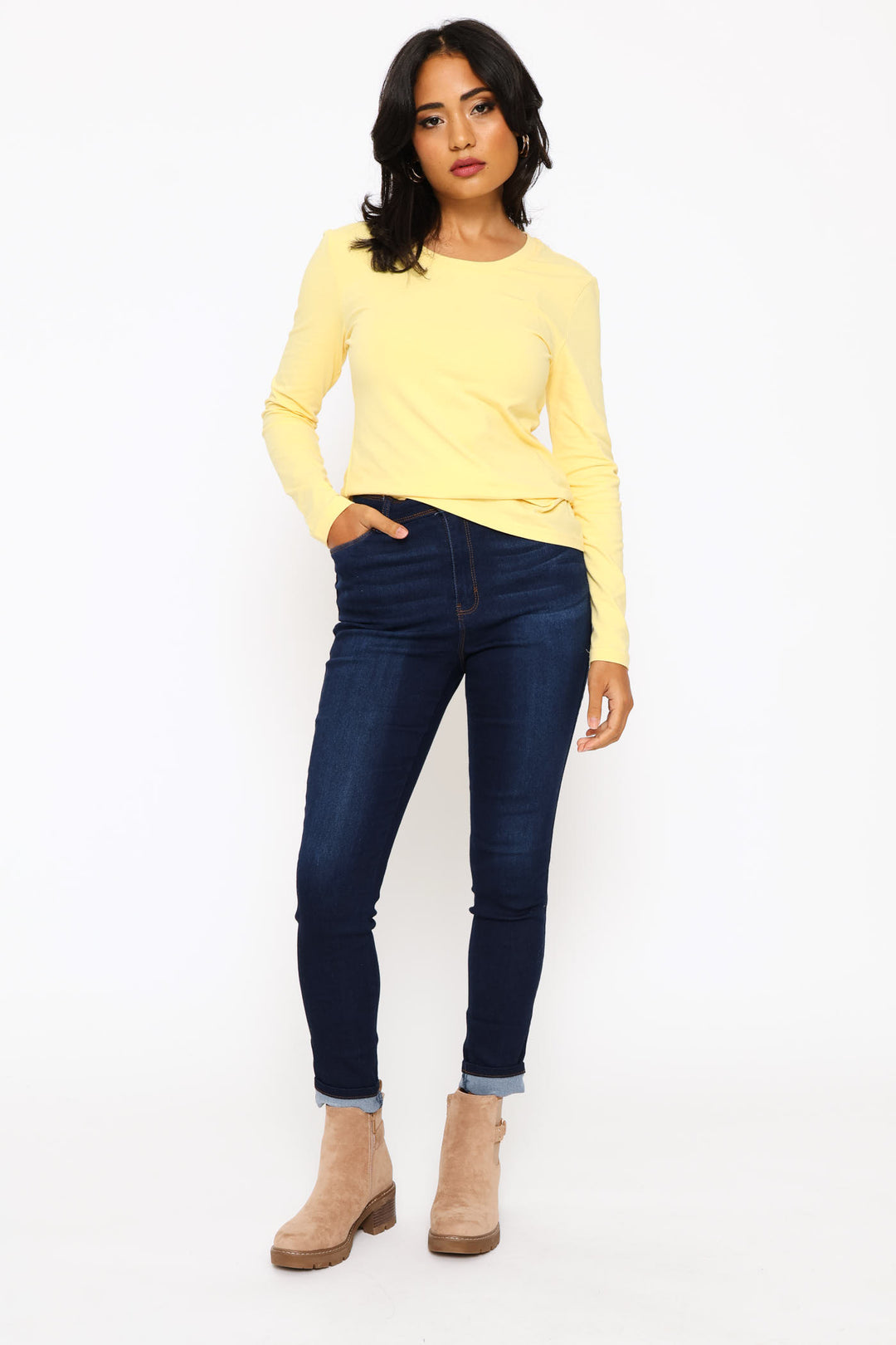 Long Sleeve Cotton Lycra Crew Tee - Light Yellow