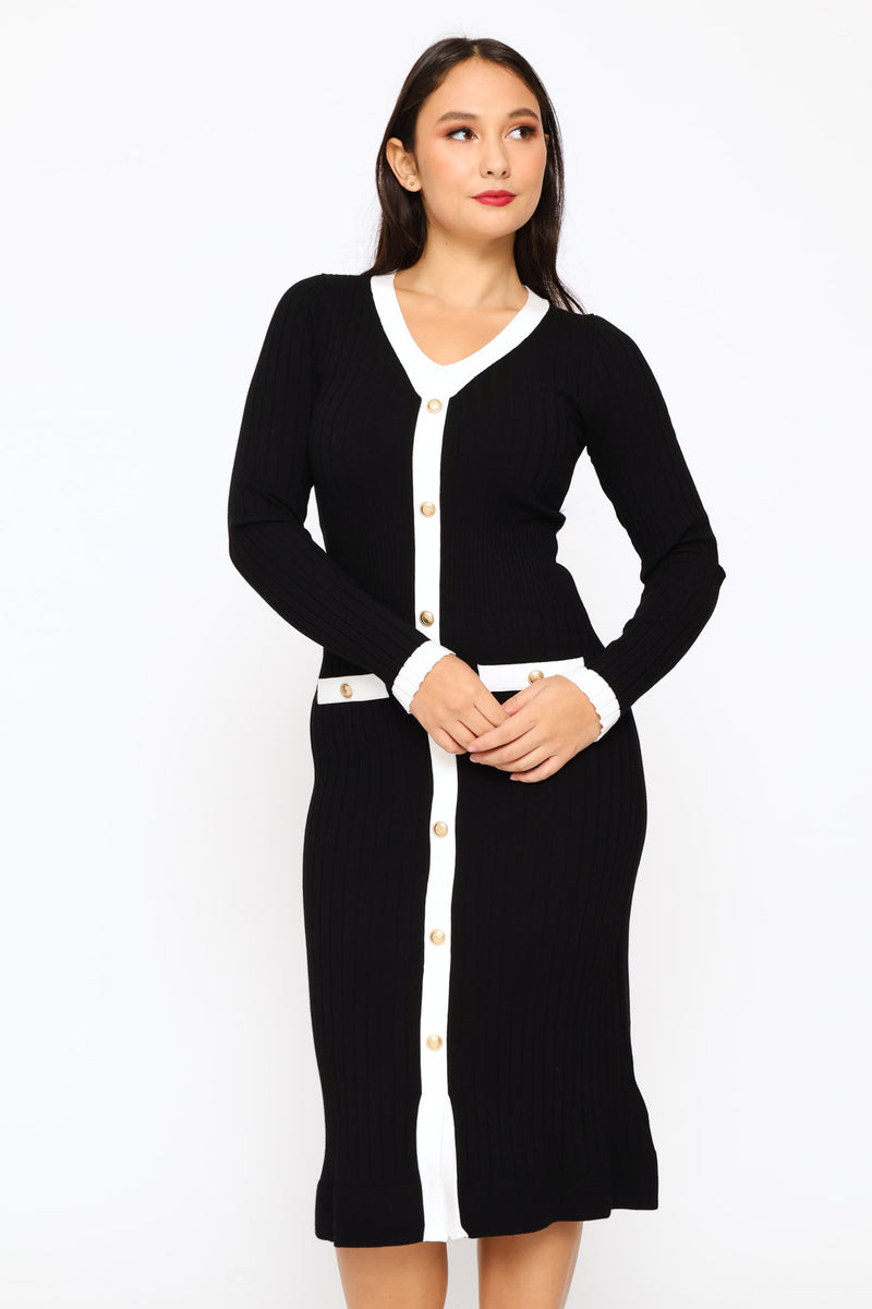 Long Sleeve Vn Laurel Sweater Dress - Black