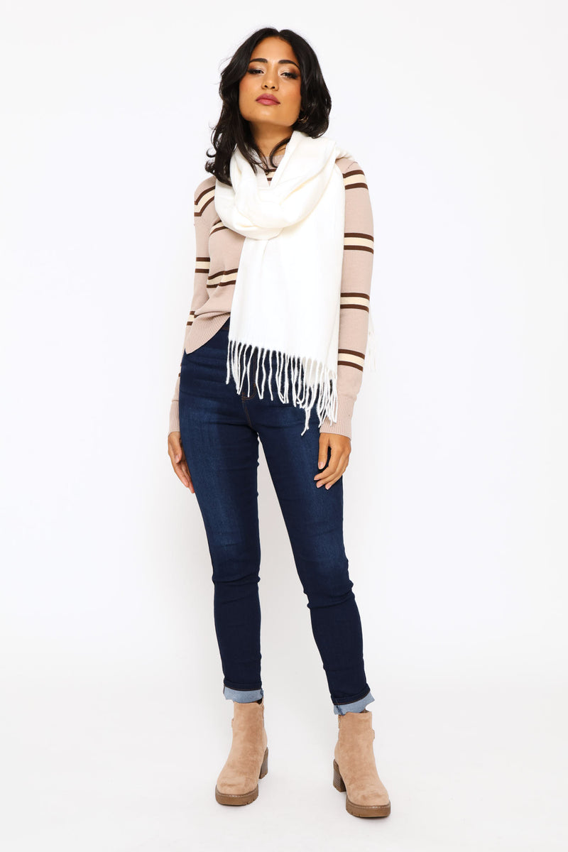 Fringe Detail Woven Scarf - Cream
