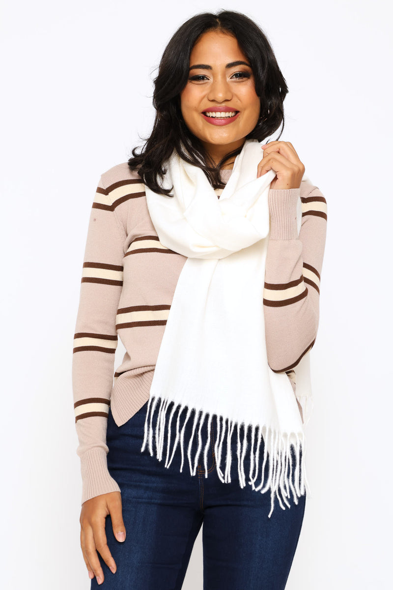 Fringe Detail Woven Scarf - Cream