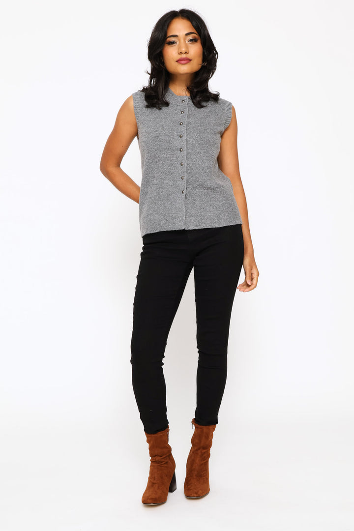 Sleeveless Button Through Vest - Charcoal Melange