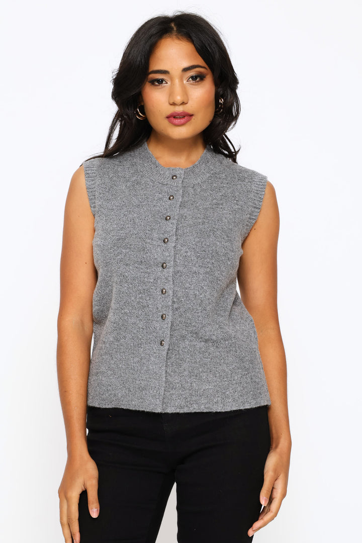 Sleeveless Button Through Vest - Charcoal Melange