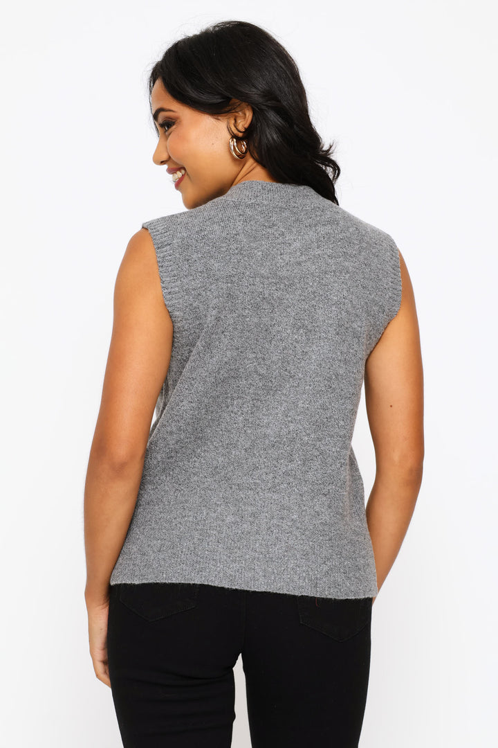Sleeveless Button Through Vest - Charcoal Melange