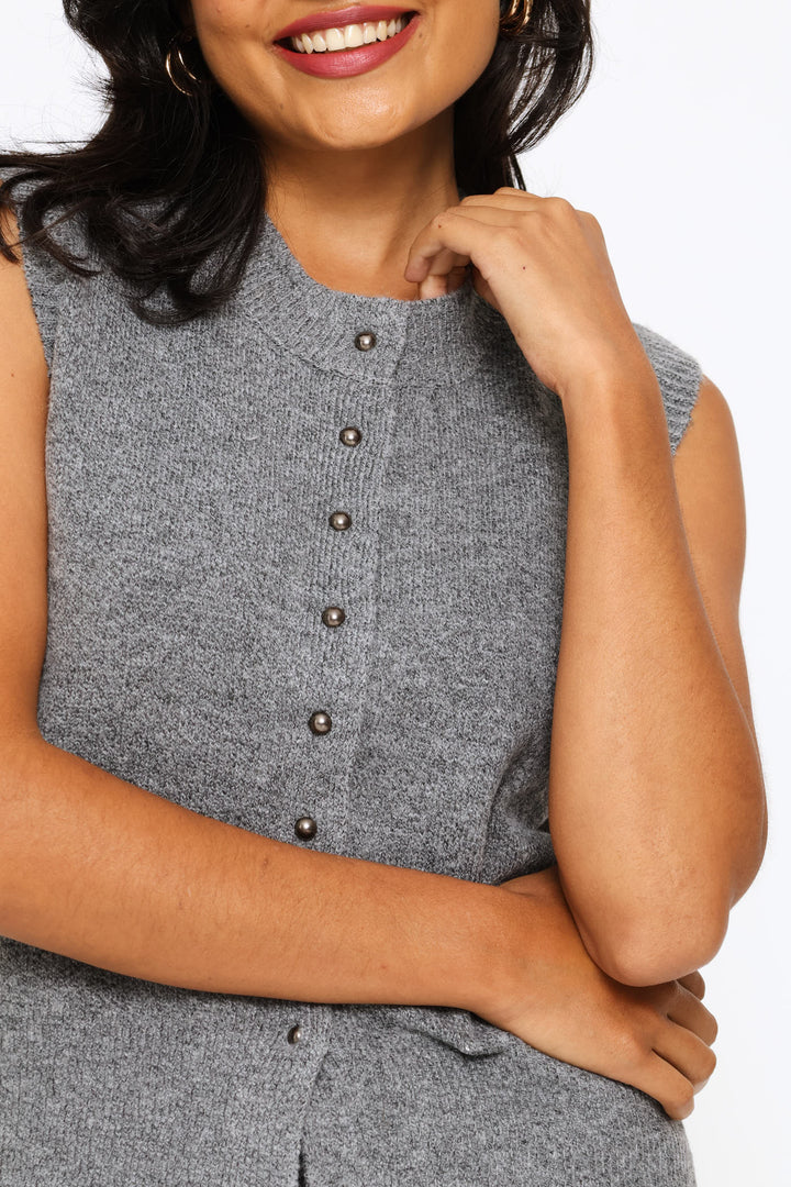 Sleeveless Button Through Vest - Charcoal Melange