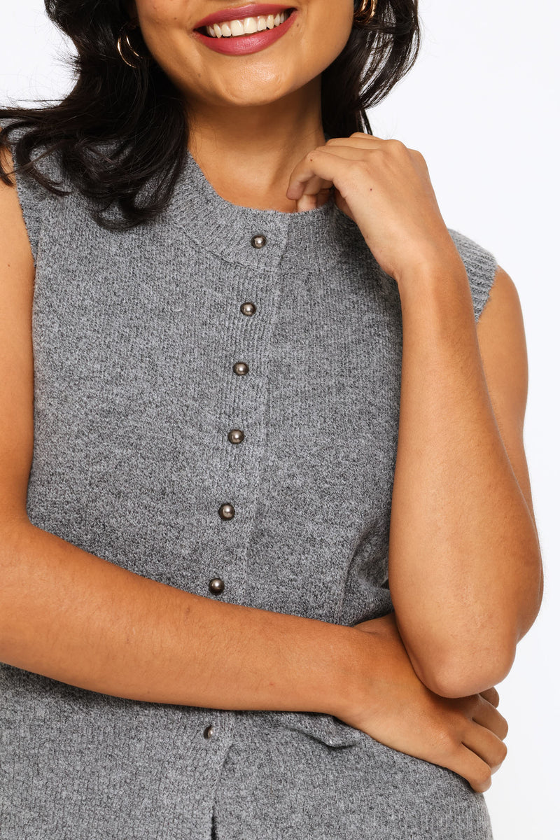 Sleeveless Button Through Vest - Charcoal Melange