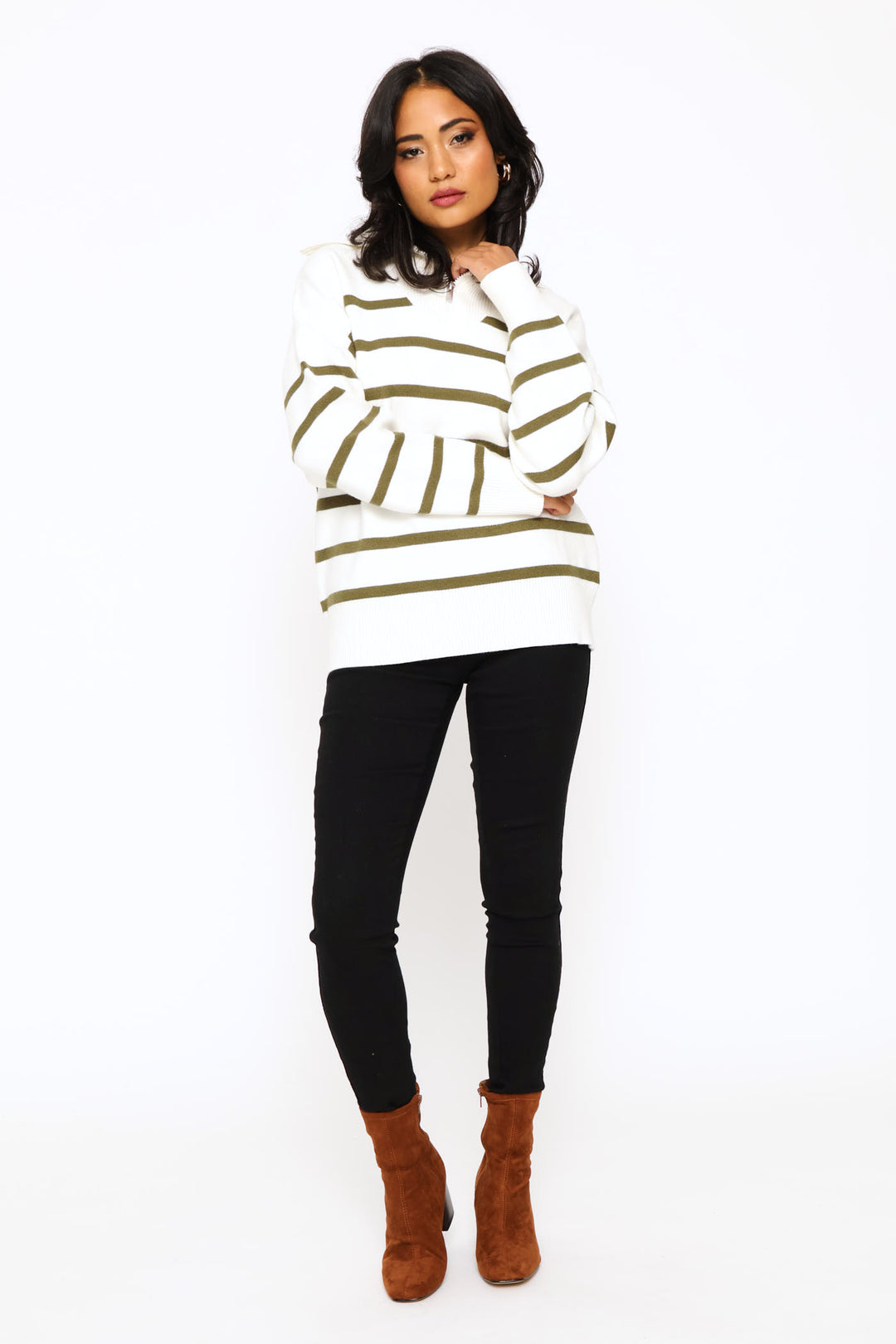 Quarter Zip Funnelneck Striped Luxe Pullover - White/Green
