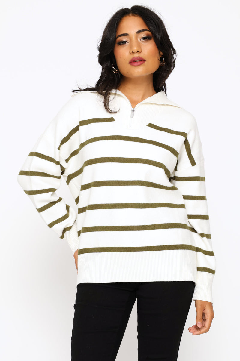 Quarter Zip Funnelneck Striped Luxe Pullover - White/Green