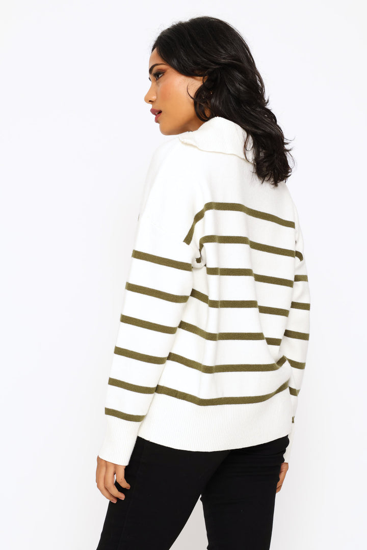 Quarter Zip Funnelneck Striped Luxe Pullover - White/Green