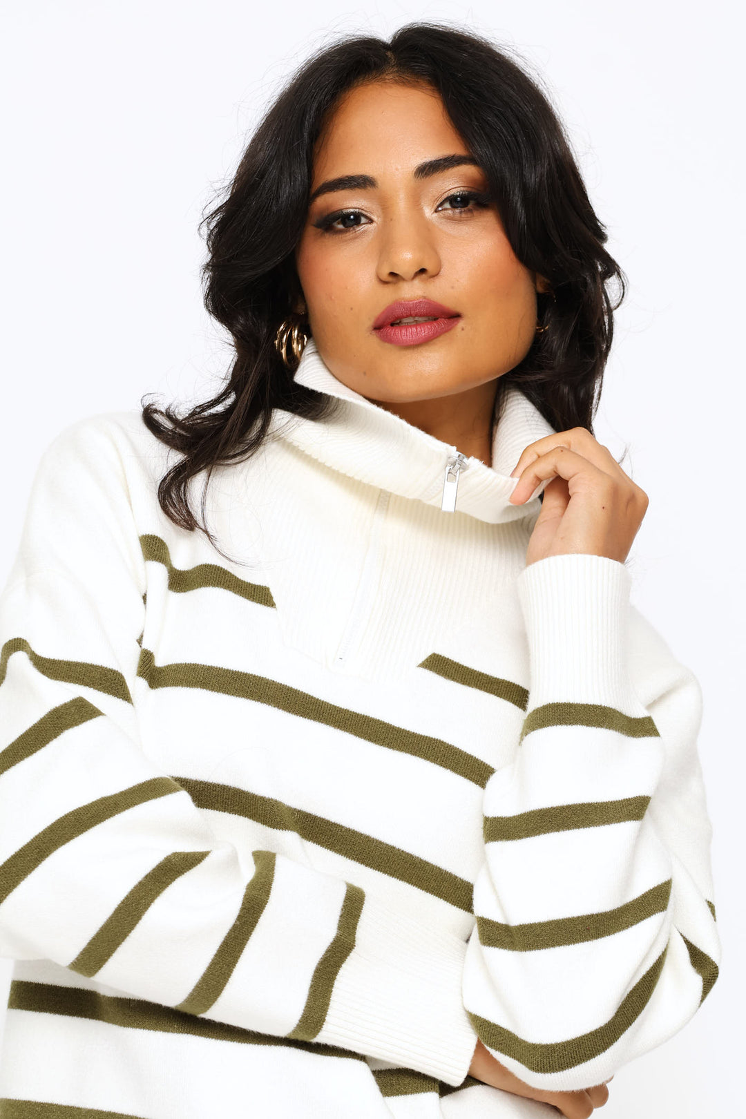 Quarter Zip Funnelneck Striped Luxe Pullover - White/Green