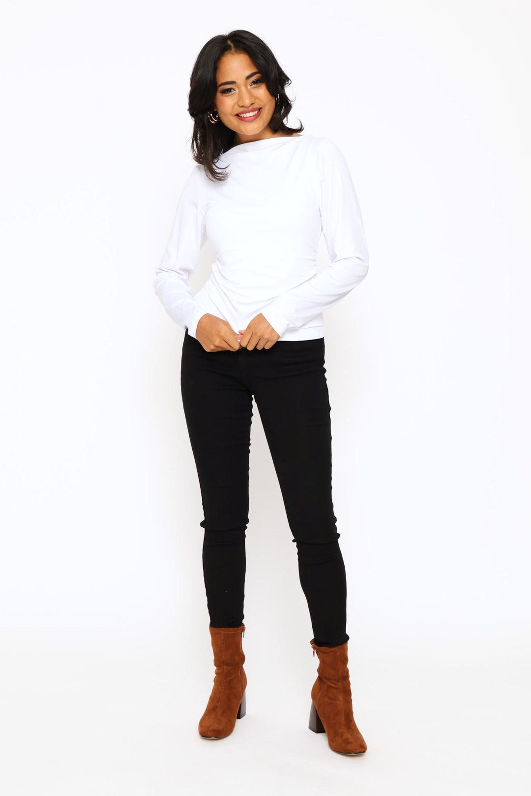 Slash Neck Ruched Side Polyamide Tee - White