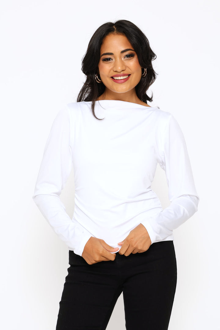 Slash Neck Ruched Side Polyamide Tee - White