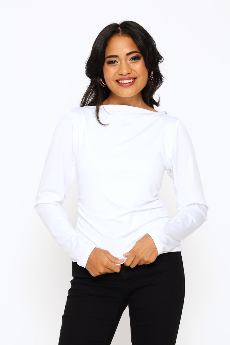 Slash Neck Ruched Side Polyamide Tee - White