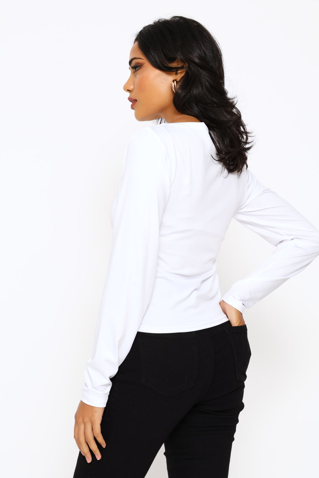 Slash Neck Ruched Side Polyamide Tee - White