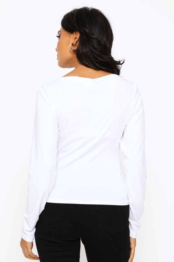 Slash Neck Ruched Side Polyamide Tee - White