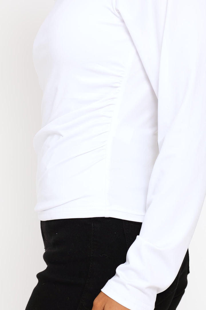 Slash Neck Ruched Side Polyamide Tee - White