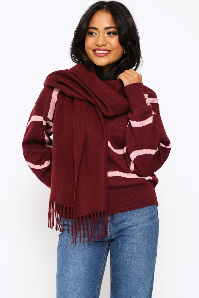 Fringe Detail Woven Scarf - Burgundy