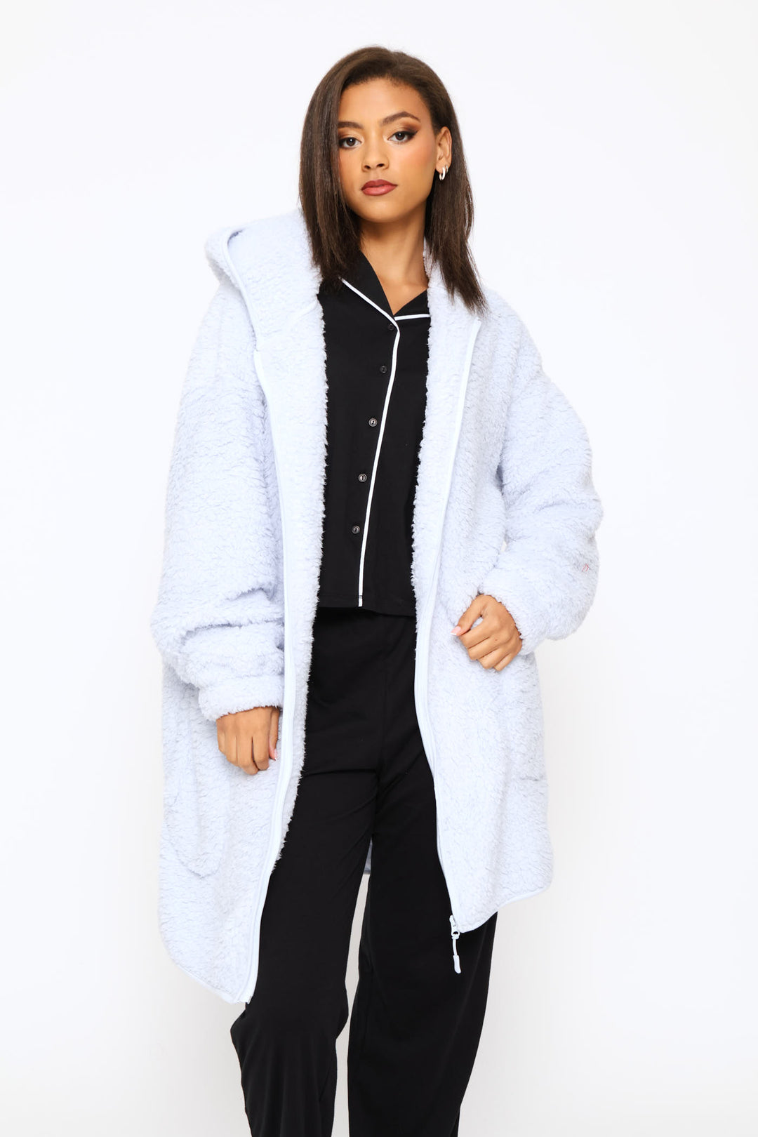Oversized Zip Through Sherpa Gown - Light Blue