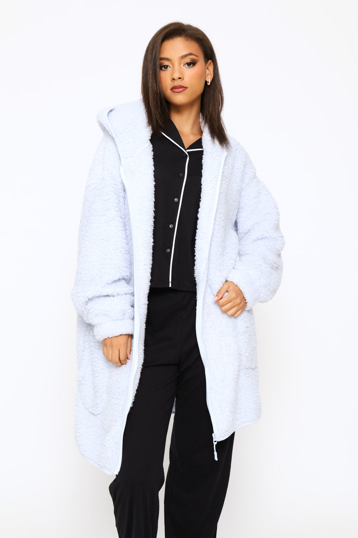Oversized Zip Through Sherpa Gown - Light Blue