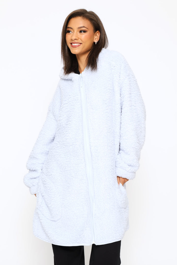 Oversized Zip Through Sherpa Gown - Light Blue