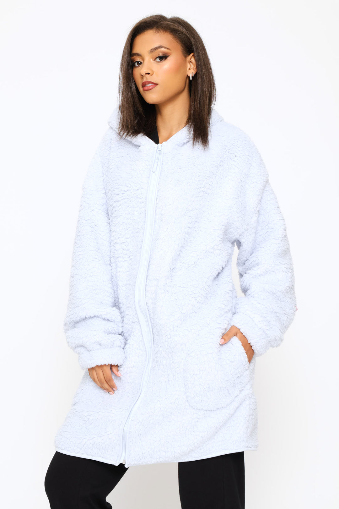 Oversized Zip Through Sherpa Gown - Light Blue