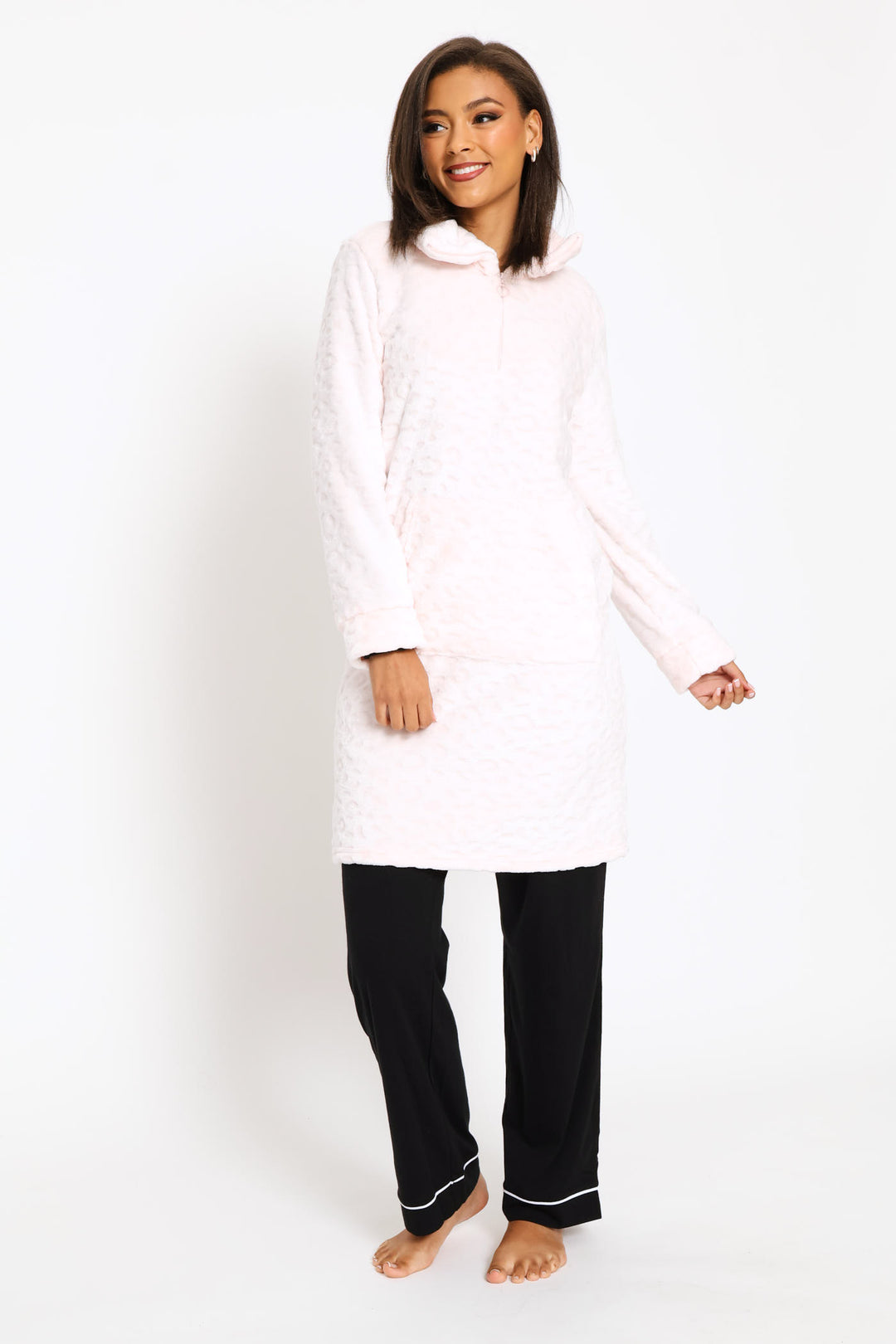 Slim Fit Quarter  Zip Funnel Neck Snuggie - Pink