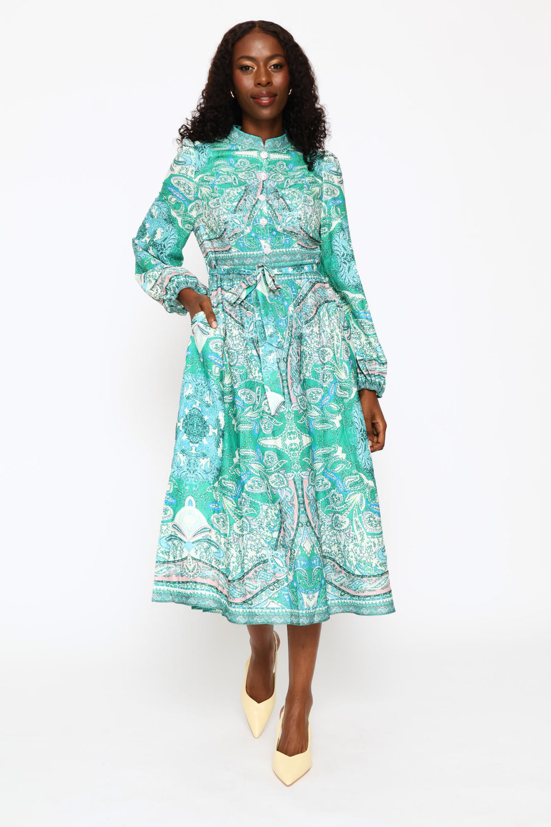 Puff Cuff Mandarin Collar Button Through Dress - Green