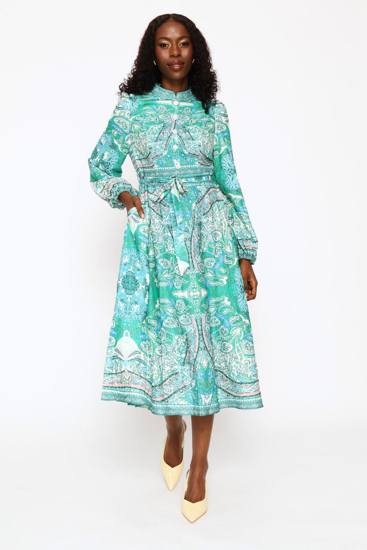 Puff Cuff Mandarin Collar Button Through Dress - Green