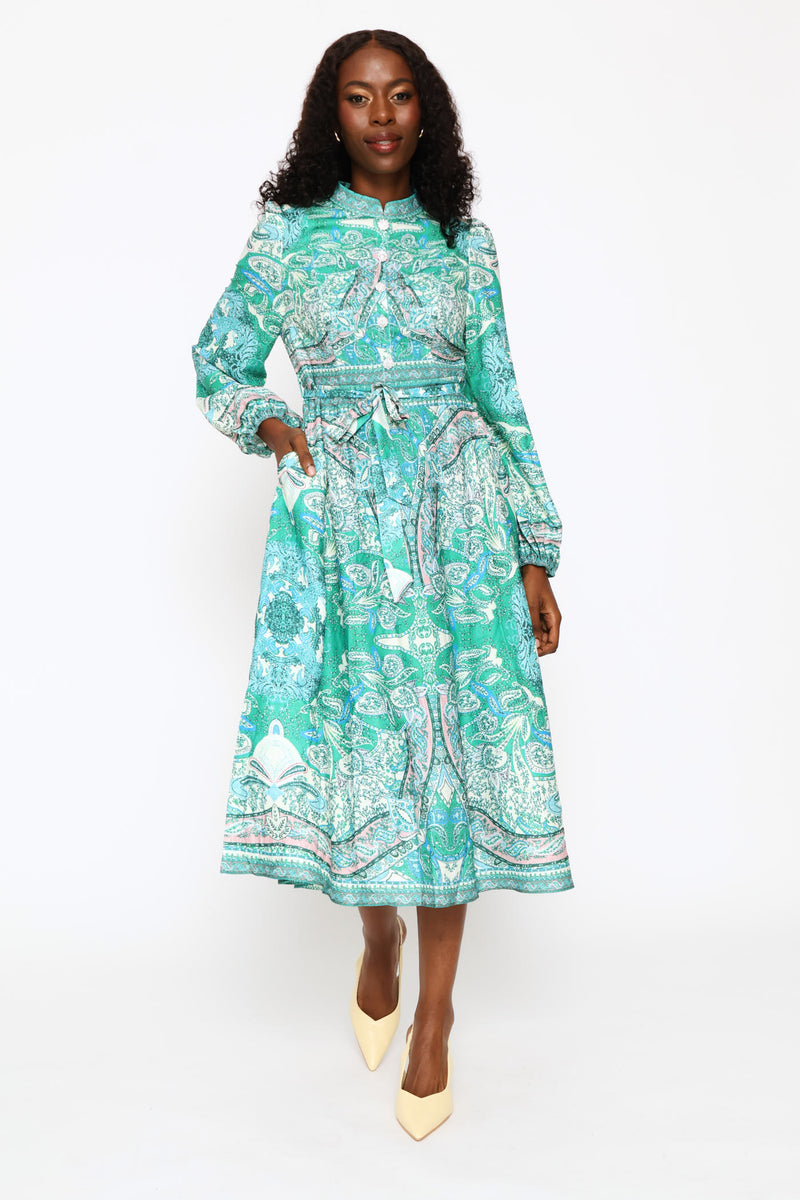 Puff Cuff Mandarin Collar Button Through Dress - Green
