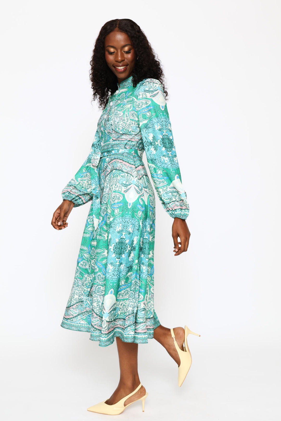 Puff Cuff Mandarin Collar Button Through Dress - Green