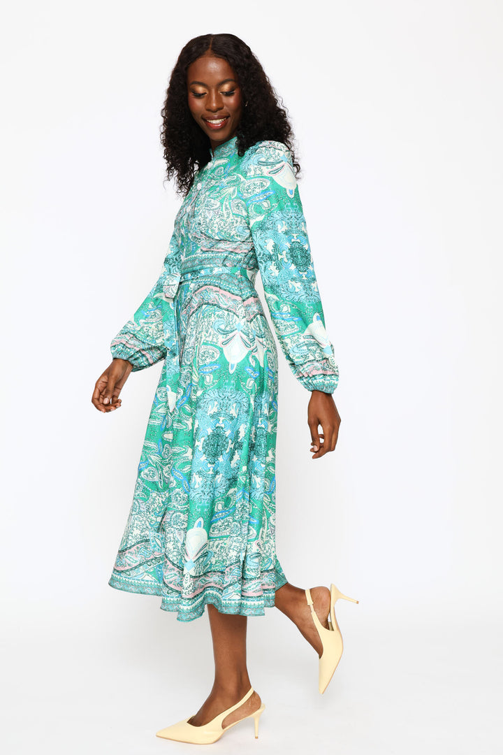 Puff Cuff Mandarin Collar Button Through Dress - Green