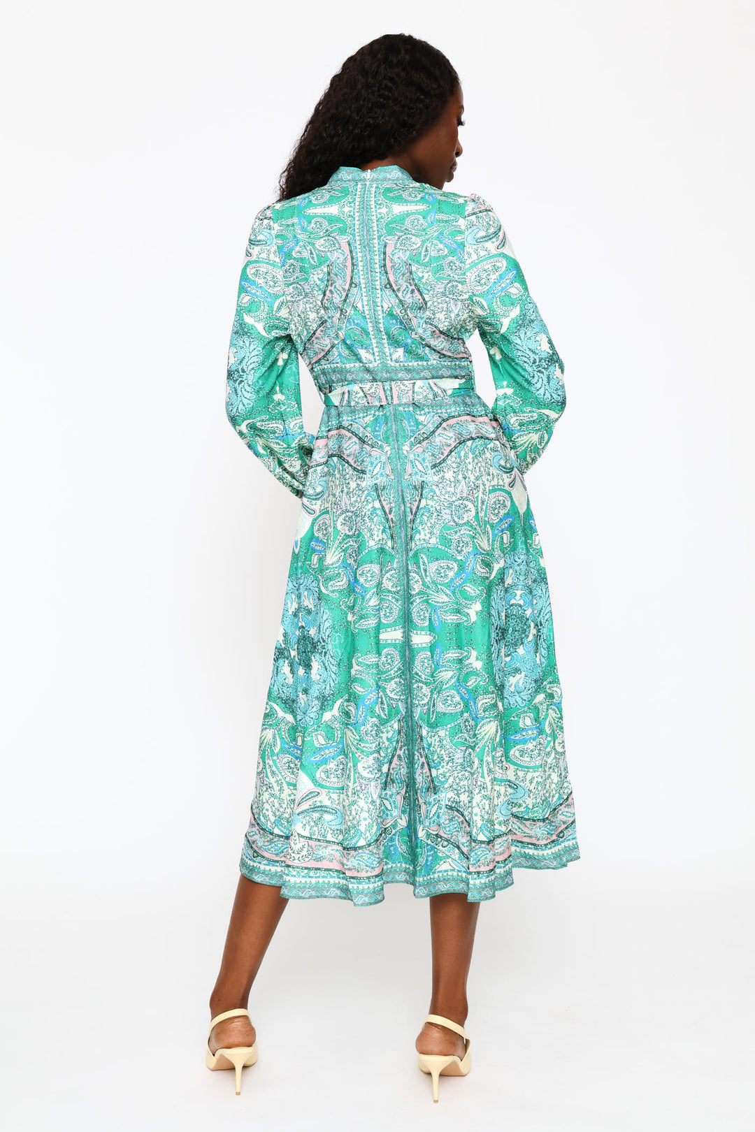 Puff Cuff Mandarin Collar Button Through Dress - Green