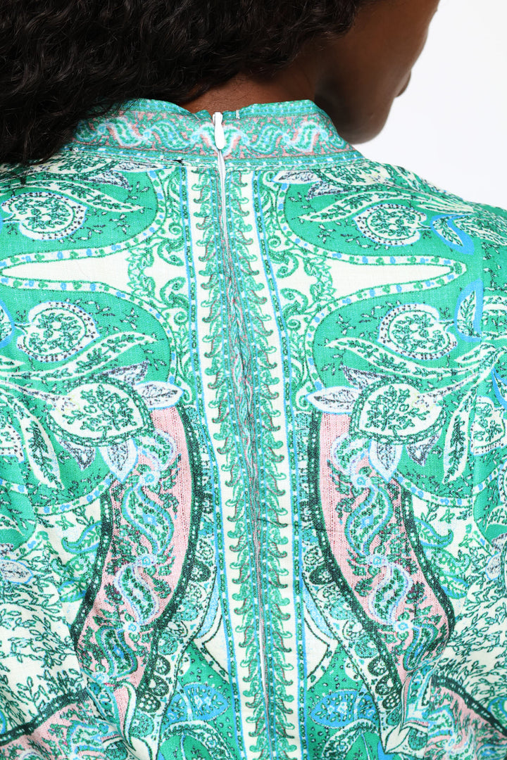 Puff Cuff Mandarin Collar Button Through Dress - Green