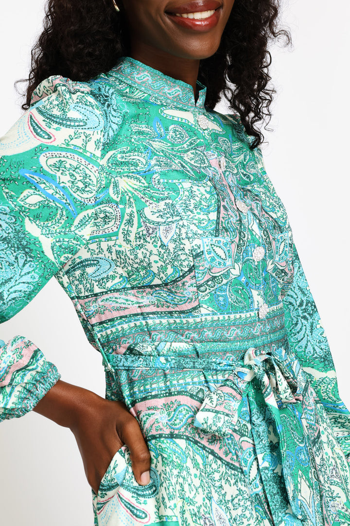 Puff Cuff Mandarin Collar Button Through Dress - Green