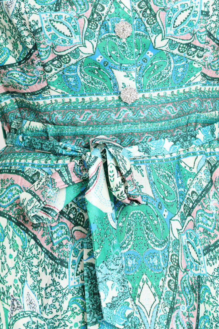 Puff Cuff Mandarin Collar Button Through Dress - Green