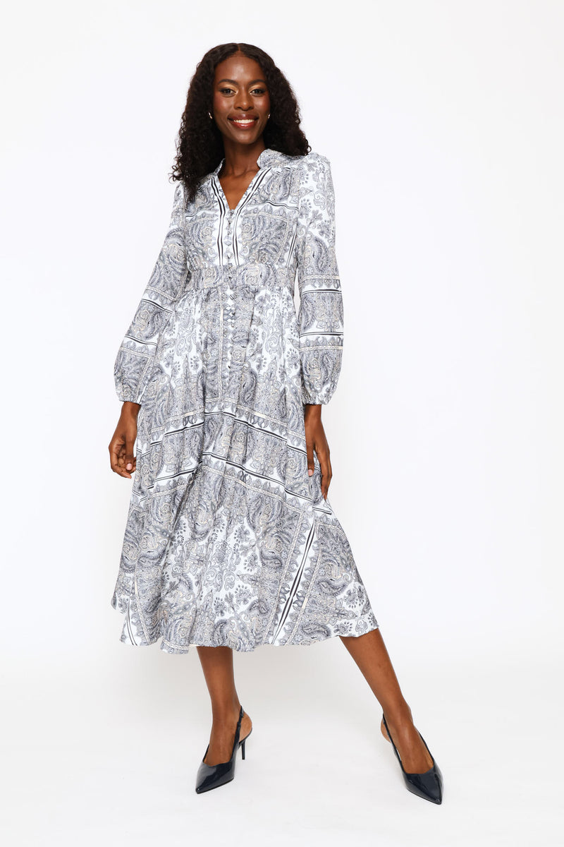 Long Sleeve V-Neck Waisted Border Print Maxi Dress - Grey