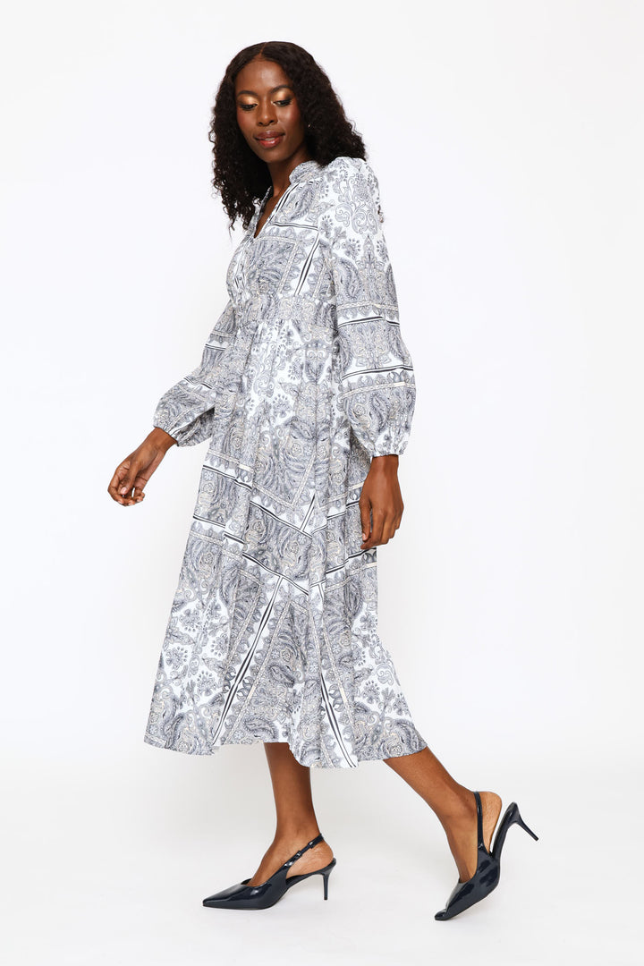 Long Sleeve V-Neck Waisted Border Print Maxi Dress - Grey