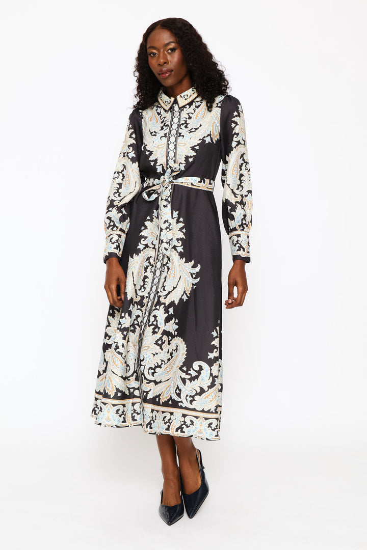 Long Sleeve Collared Button Through Maxi Printed Dress - Black