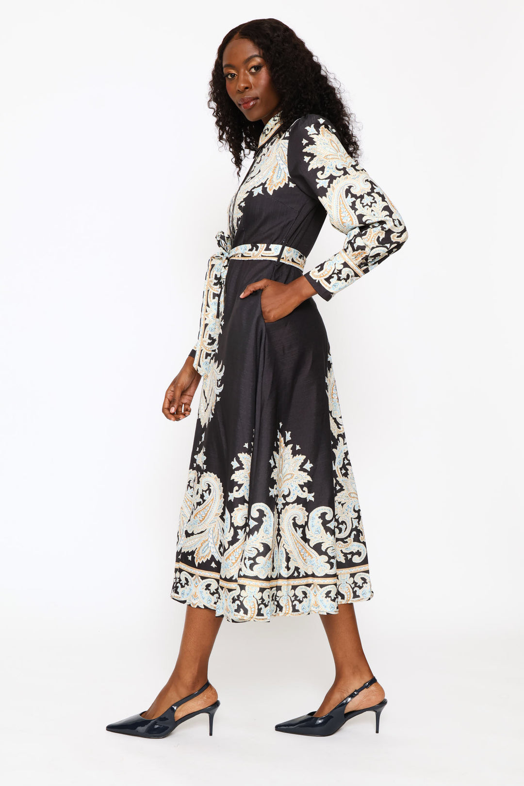 Long Sleeve Collared Button Through Maxi Printed Dress - Black