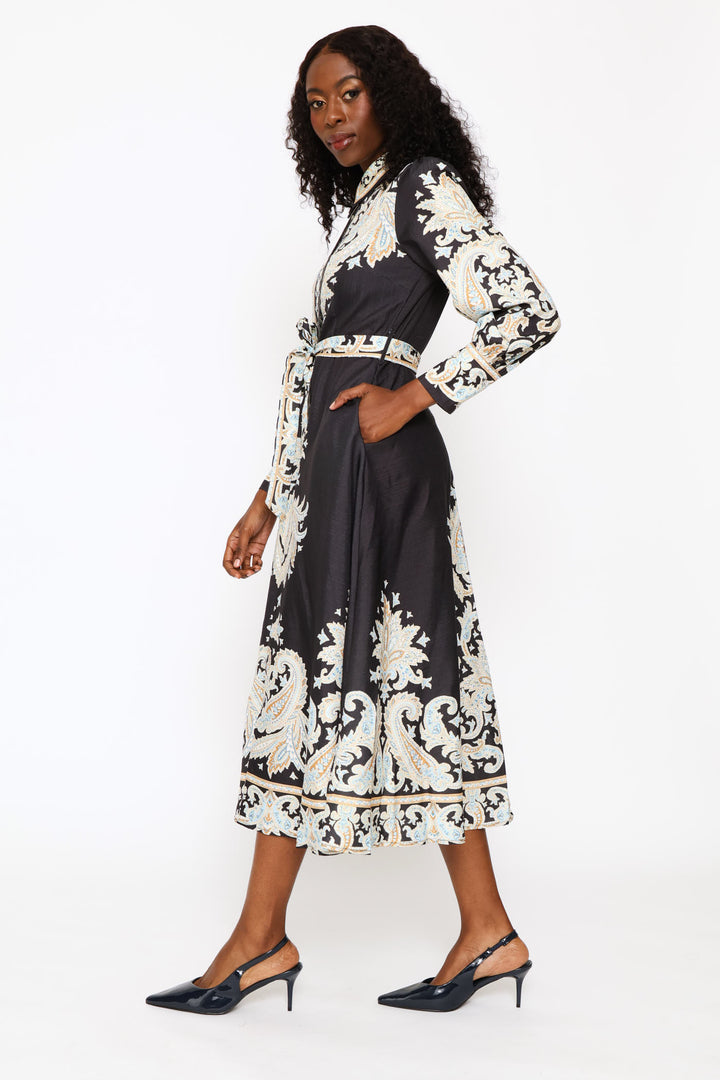 Long Sleeve Collared Button Through Maxi Printed Dress - Black