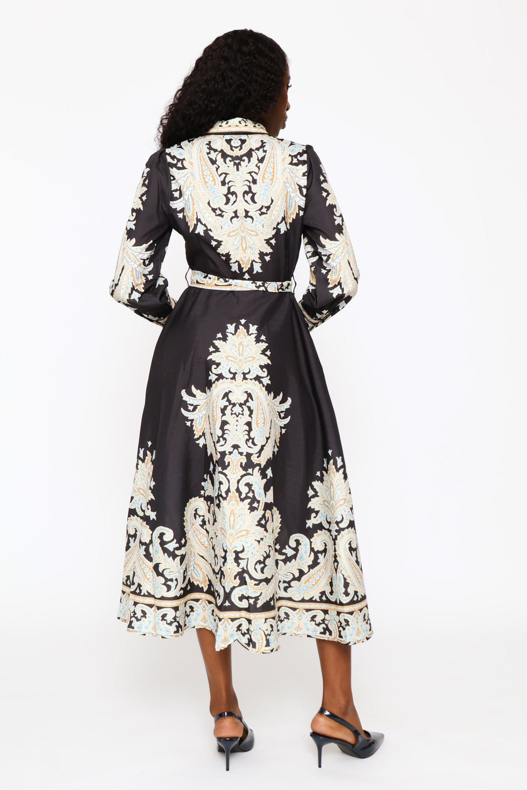 Long Sleeve Collared Button Through Maxi Printed Dress - Black