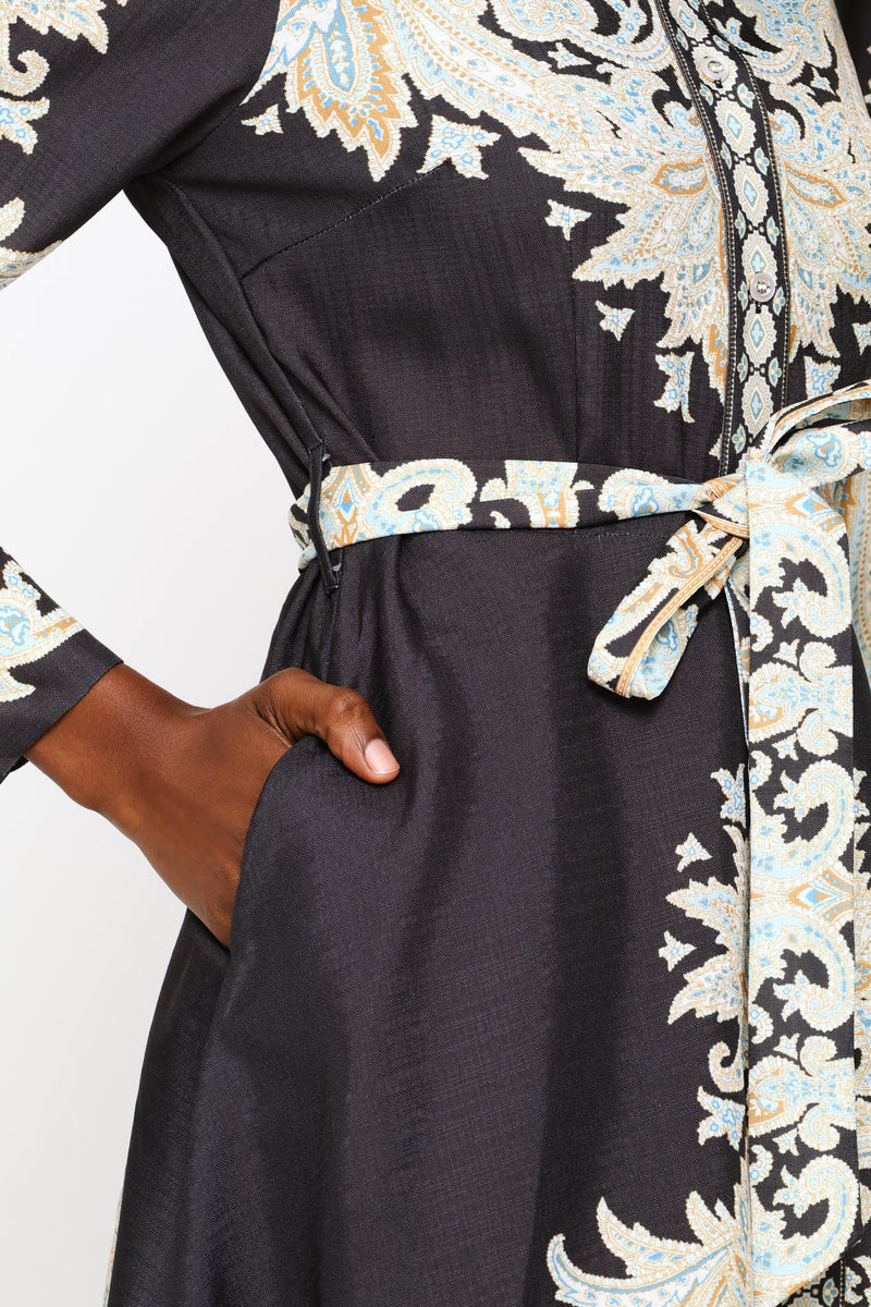 Long Sleeve Collared Button Through Maxi Printed Dress - Black
