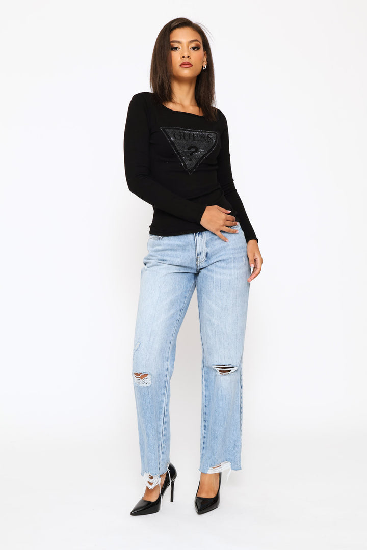 Script Long Sleeve Top - Black