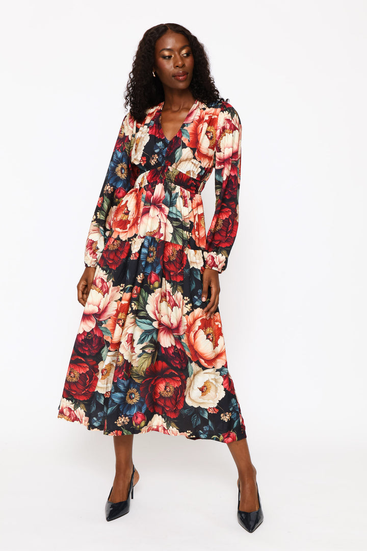 Puff Sleeve V-Neck Tiered Midi Dress - Multi
