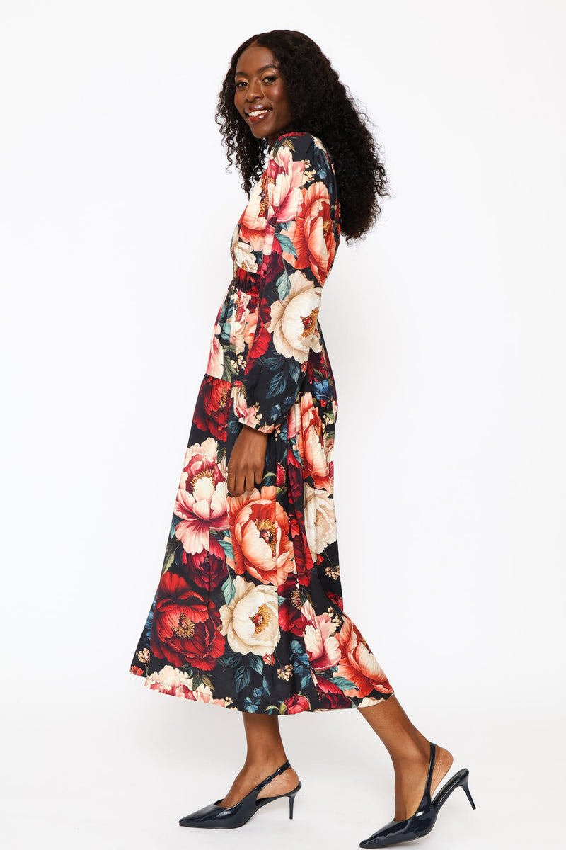 Puff Sleeve V-Neck Tiered Midi Dress - Multi